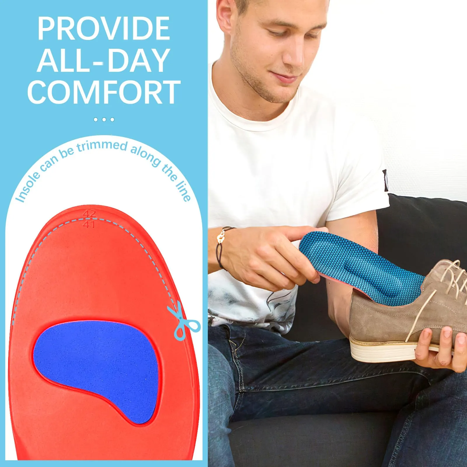 2 pairs of orthopedic insoles, heel spur insoles, arch splayfoot insoles for plantar fasciitis, comfort arch support insoles for men and women, orthopedic insoles for men and women 41-42