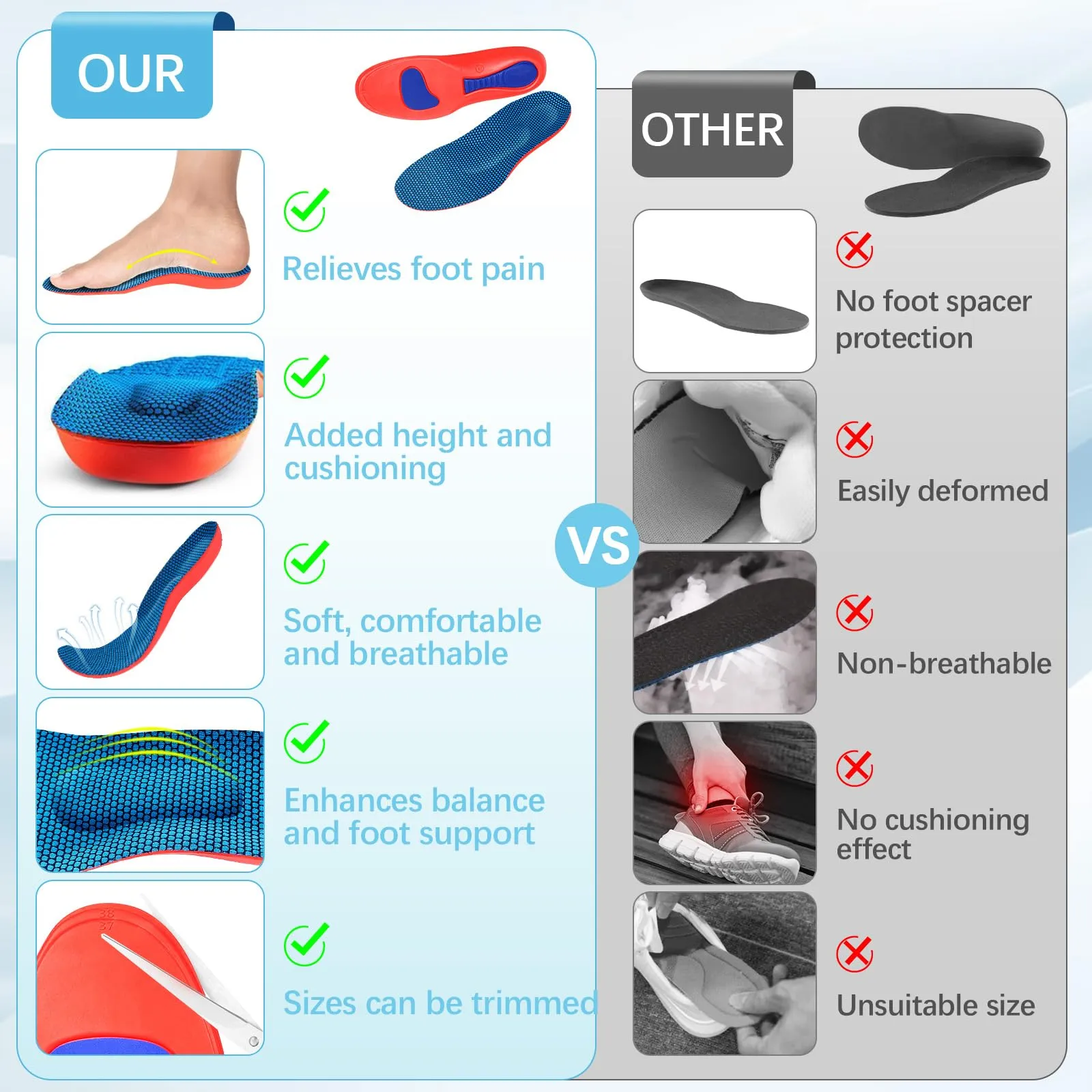 2 pairs of orthopedic insoles, heel spur insoles, arch splayfoot insoles for plantar fasciitis, comfort arch support insoles for men and women, orthopedic insoles for men and women 41-42