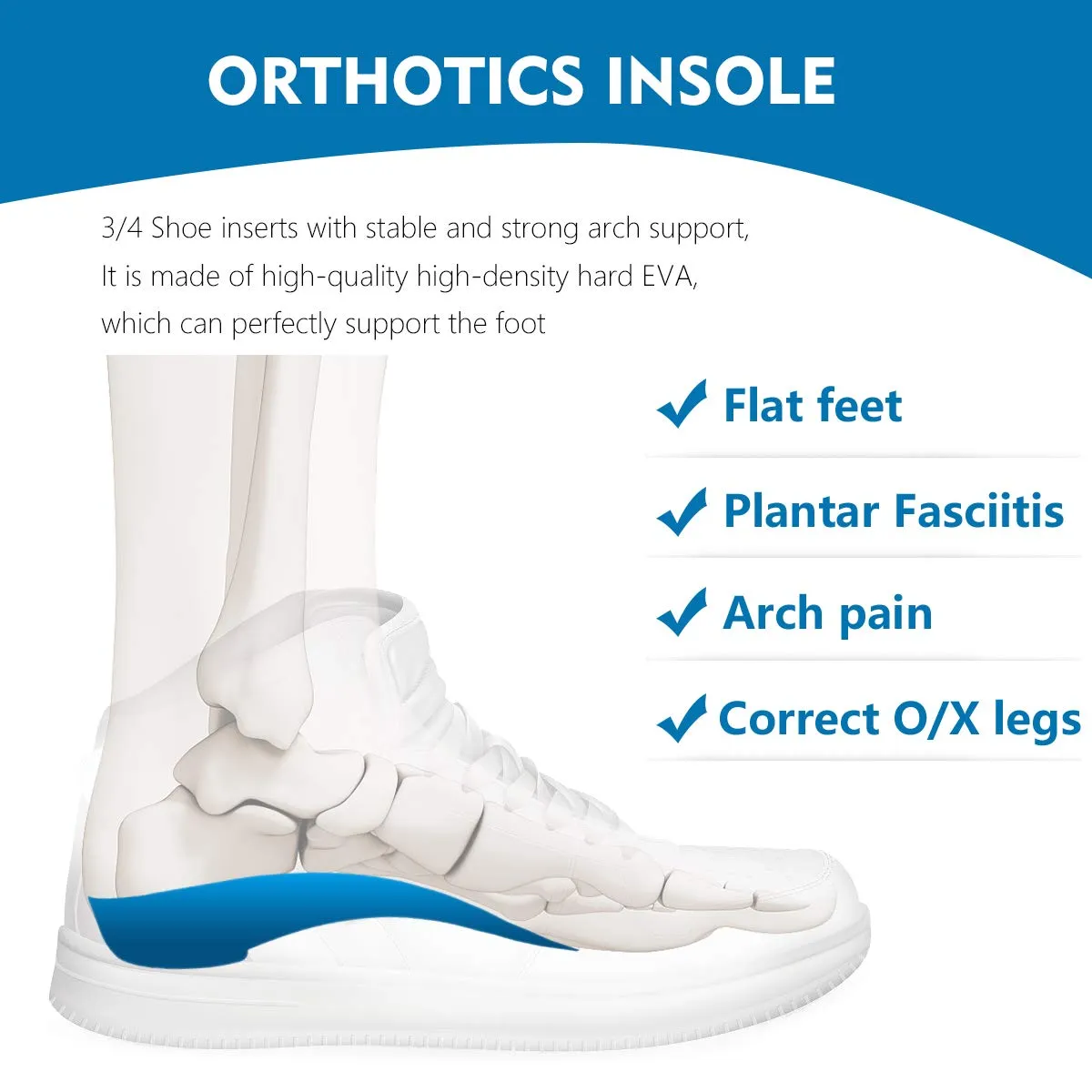 3/4 Arch Support Insoles for Women/Men,QBK Orthotics Shoe Insoles High Arch Supports Shoe Insoles for Plantar Fasciitis, Flat Feet, Over-Pronation,Height Increase Insoles, Heel Cushion Inserts，M M:(men6.5-8.5/Women7.5-9.5) M:(Men6.5-8.5/Women7.5-9.5)