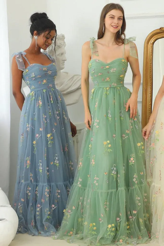 A-line Sweetheart Grey Blue Embroidery Long Prom Formal Dress PSK330