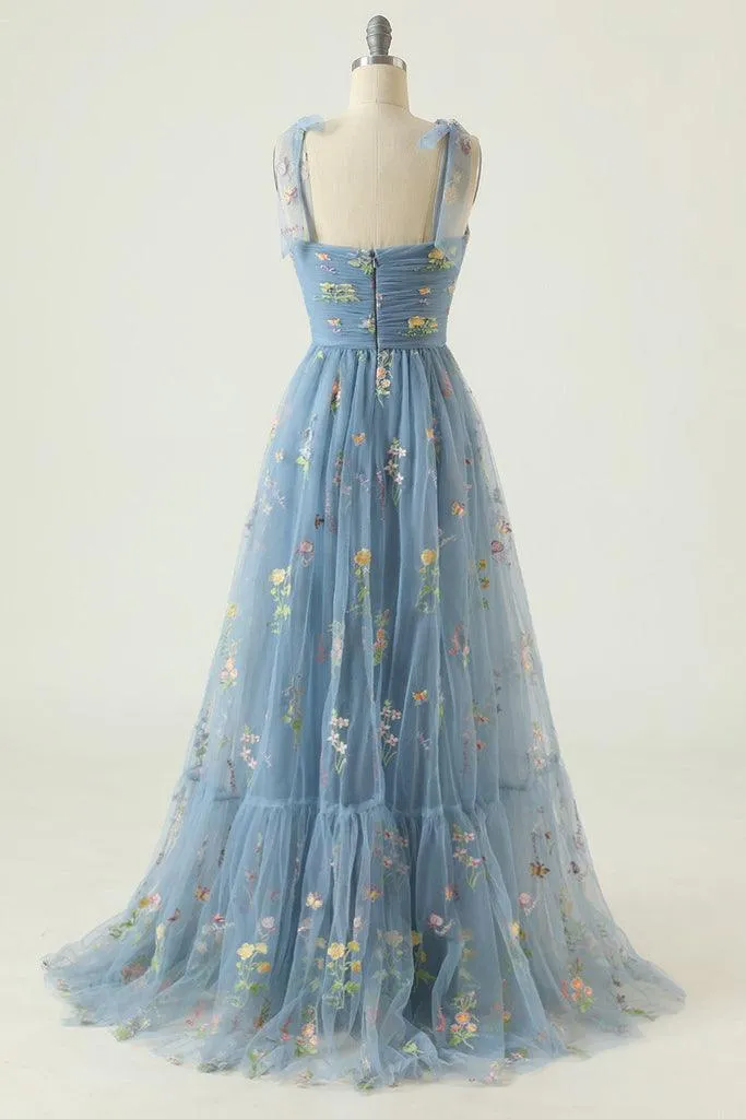 A-line Sweetheart Grey Blue Embroidery Long Prom Formal Dress PSK330