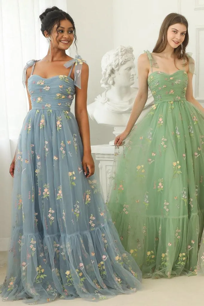 A-line Sweetheart Grey Blue Embroidery Long Prom Formal Dress PSK330