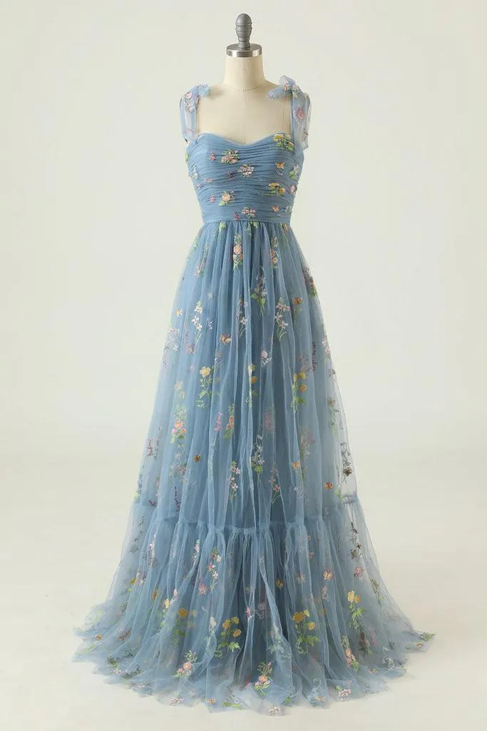 A-line Sweetheart Grey Blue Embroidery Long Prom Formal Dress PSK330