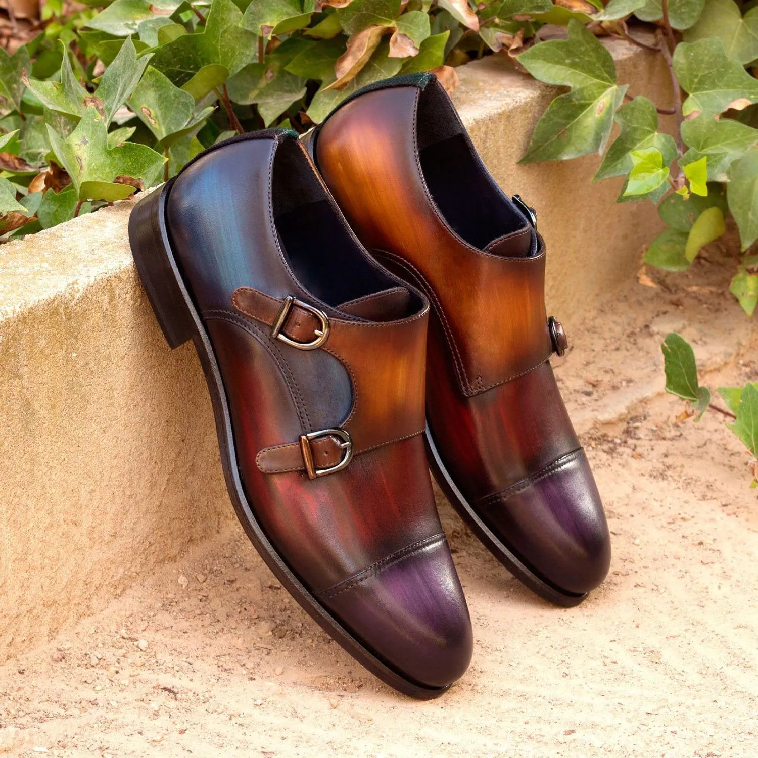 Ambrogio Bespoke Men's Handmade Custom Made Shoes Multi-Color Patina Leather Monk-Straps Loafers (AMB1259)