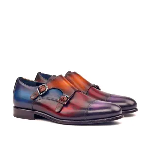 Ambrogio Bespoke Men's Handmade Custom Made Shoes Multi-Color Patina Leather Monk-Straps Loafers (AMB1259)