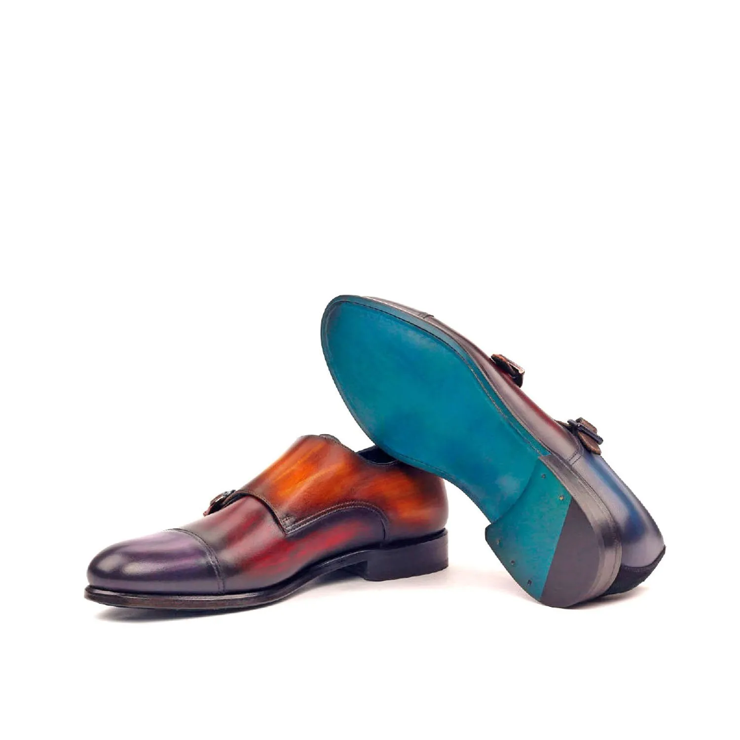 Ambrogio Bespoke Men's Handmade Custom Made Shoes Multi-Color Patina Leather Monk-Straps Loafers (AMB1259)