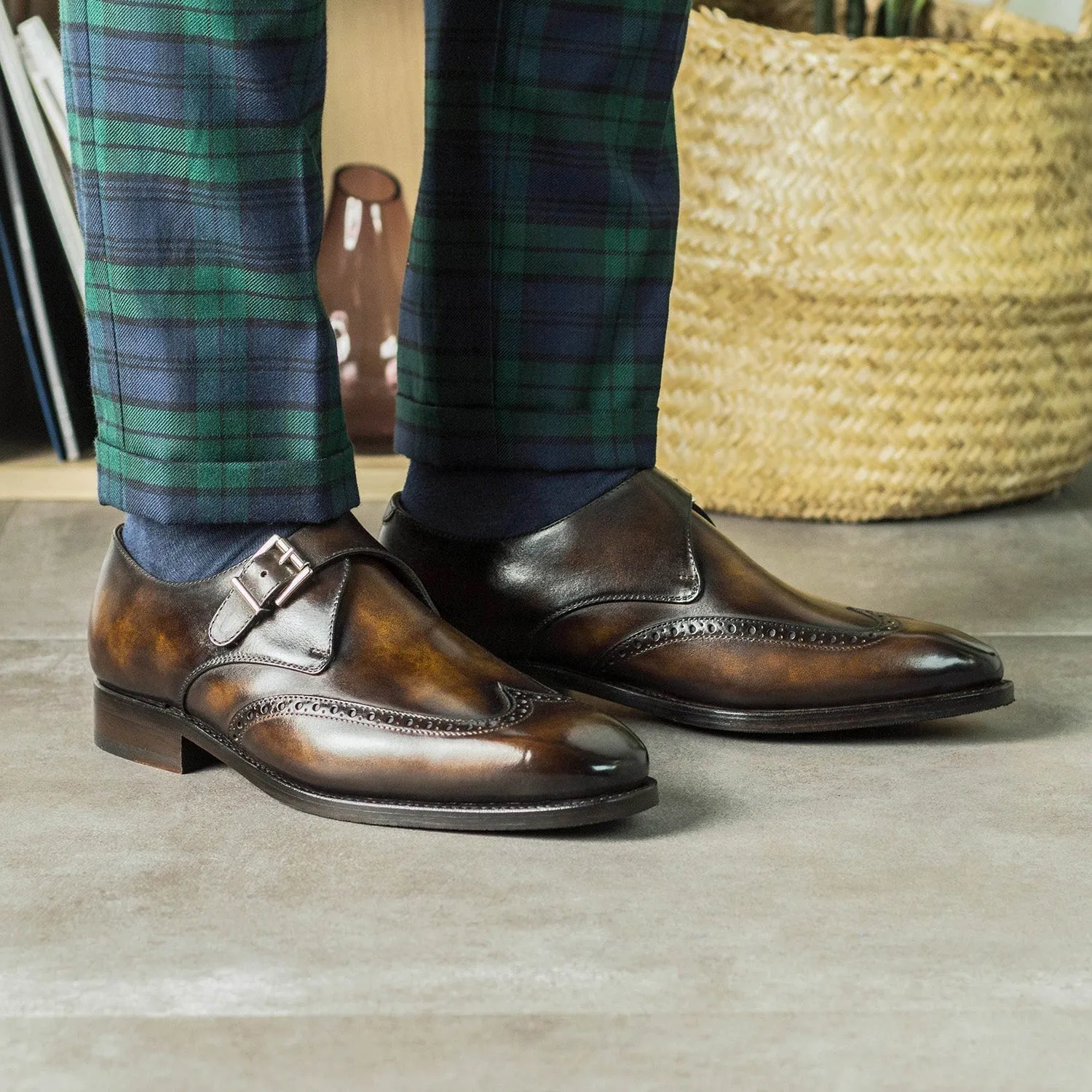 Ambrogio Bespoke Men's Shoes Tobacco Patina Leather Wingtip Monk-Straps Loafers (AMB2307)