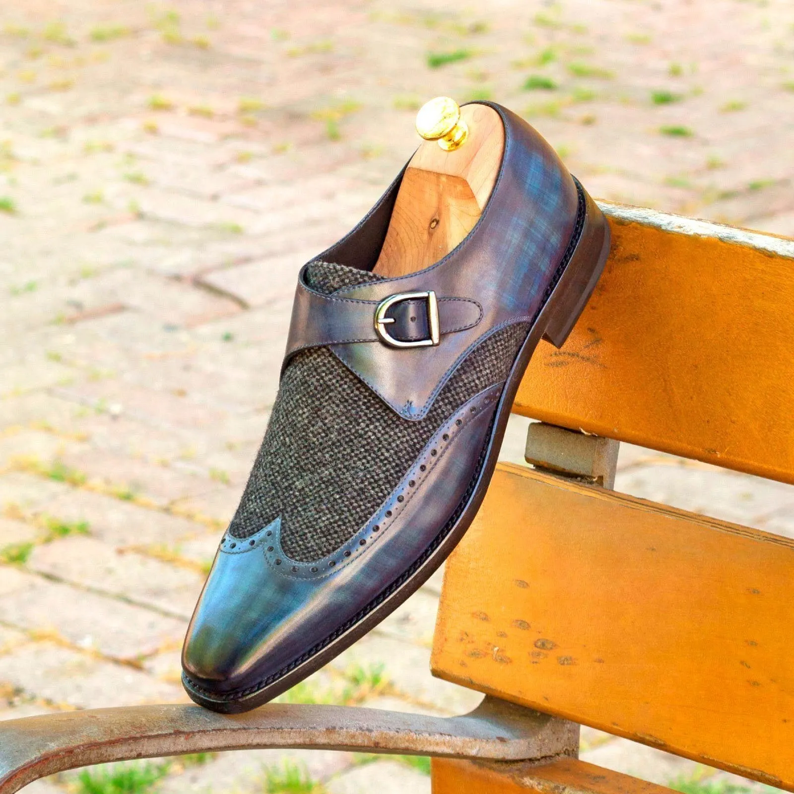 Ambrogio Men's Handmade Custom Made Shoes Black & Blue Texture Print / Patina Leather Monk-Straps Loafers (AMB1062)