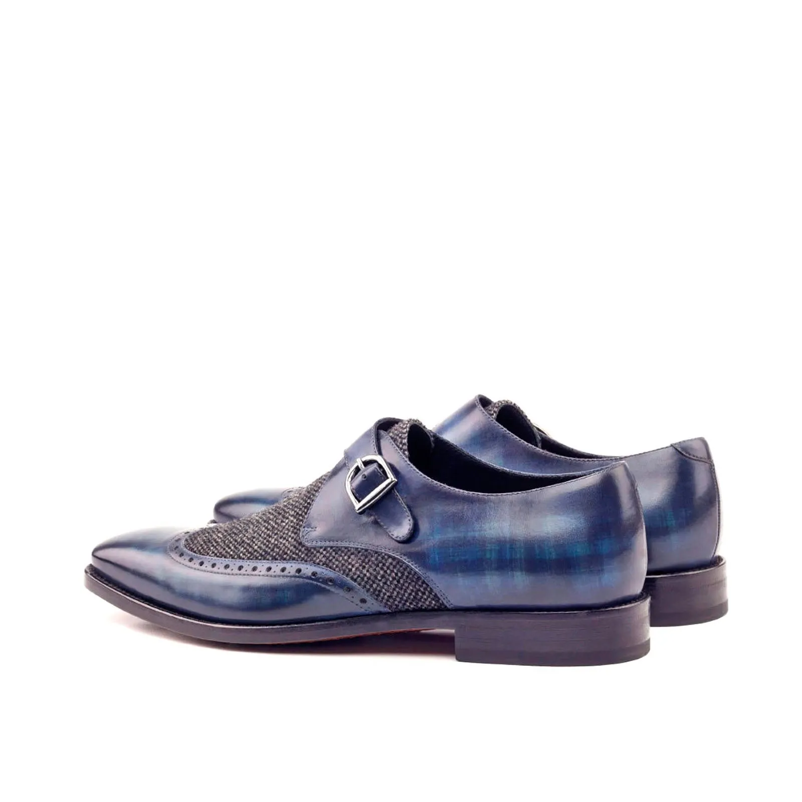 Ambrogio Men's Handmade Custom Made Shoes Black & Blue Texture Print / Patina Leather Monk-Straps Loafers (AMB1062)