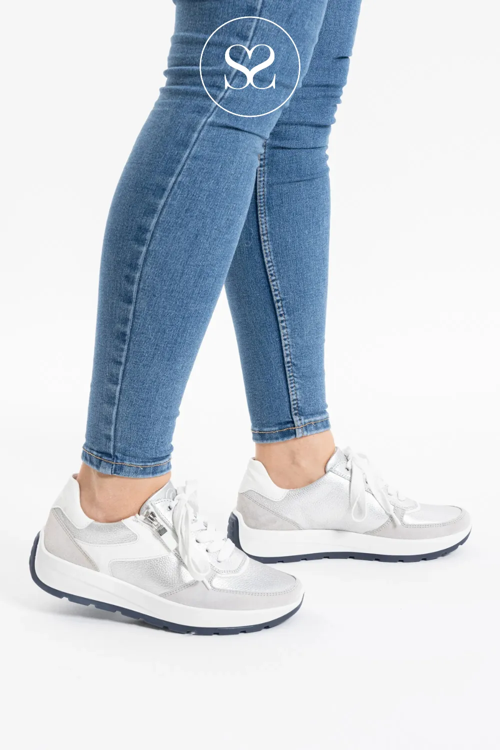 ARA 12-25112 SILVER/GREY LEATHER WEDGE TRAINERS