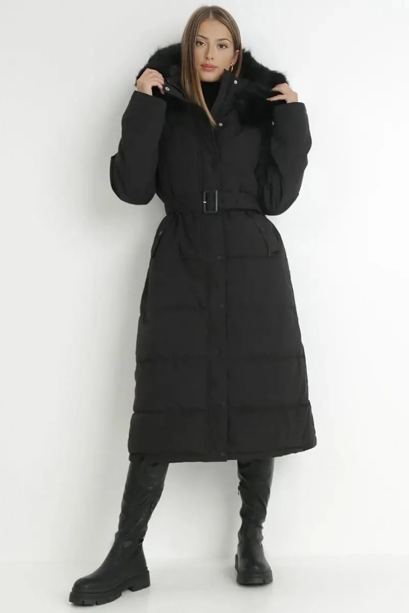 Black Winter Versatile Plush Hooded Belt Decor Thermal Cotton Coat