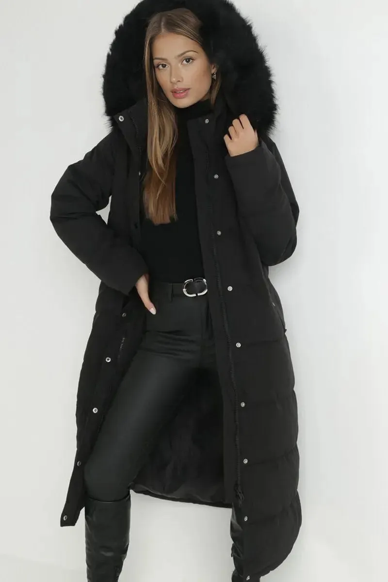 Black Winter Versatile Plush Hooded Belt Decor Thermal Cotton Coat