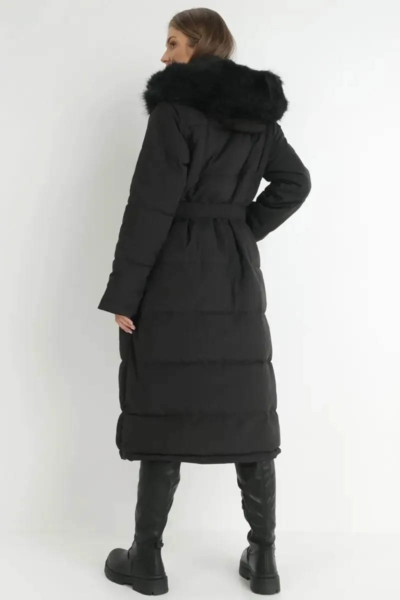 Black Winter Versatile Plush Hooded Belt Decor Thermal Cotton Coat