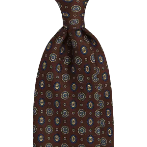 Brown Floral Printed Silk Tie - 3 Fold