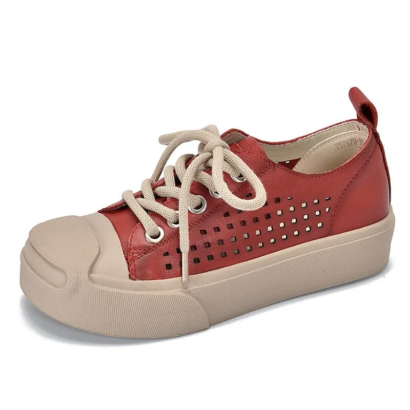 Leather Flatform Sneakers for Women Low-top Travel Perforated in Orange/Red/Purple