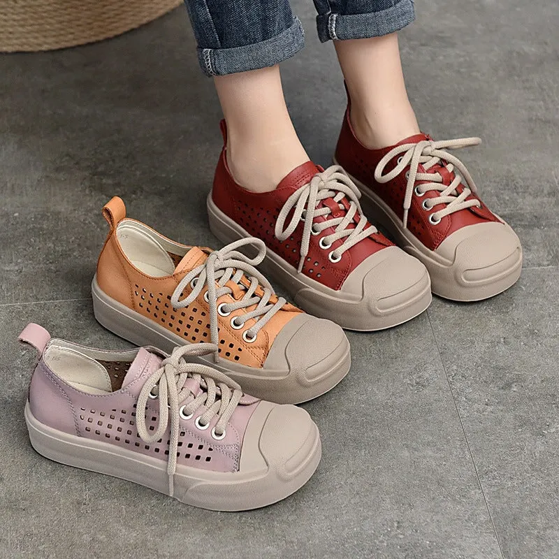 Leather Flatform Sneakers for Women Low-top Travel Perforated in Orange/Red/Purple