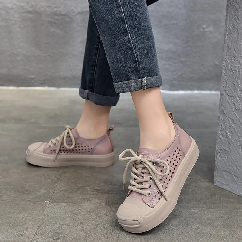 Leather Flatform Sneakers for Women Low-top Travel Perforated in Orange/Red/Purple