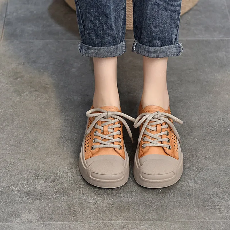 Leather Flatform Sneakers for Women Low-top Travel Perforated in Orange/Red/Purple