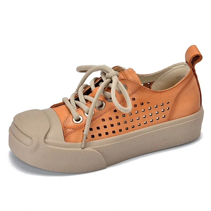 Leather Flatform Sneakers for Women Low-top Travel Perforated in Orange/Red/Purple
