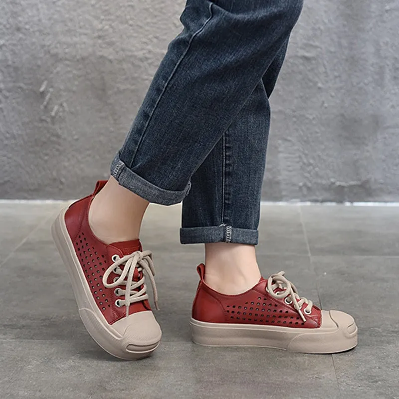 Leather Flatform Sneakers for Women Low-top Travel Perforated in Orange/Red/Purple