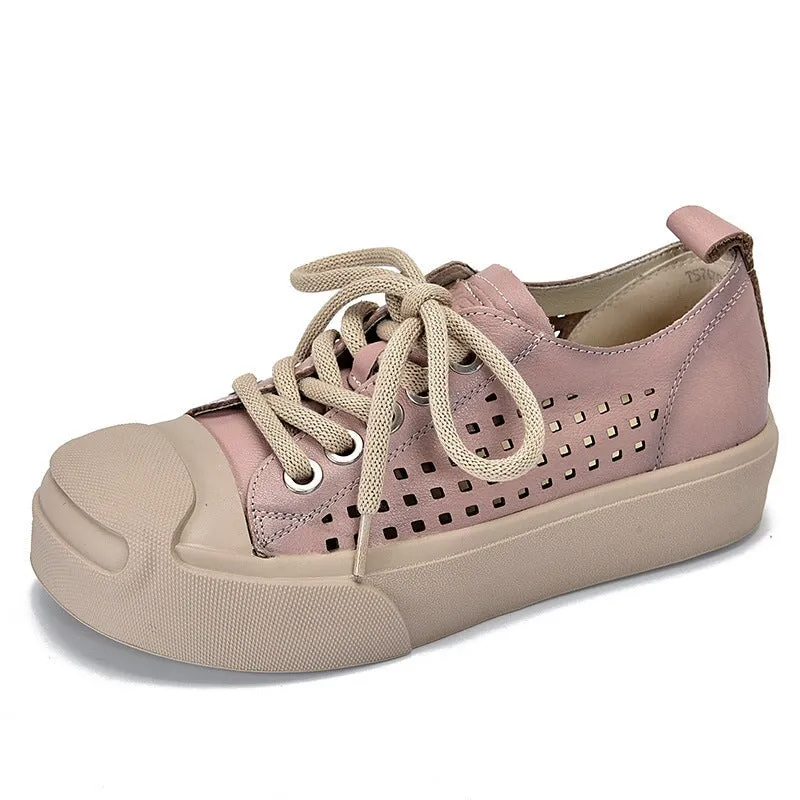 Leather Flatform Sneakers for Women Low-top Travel Perforated in Orange/Red/Purple