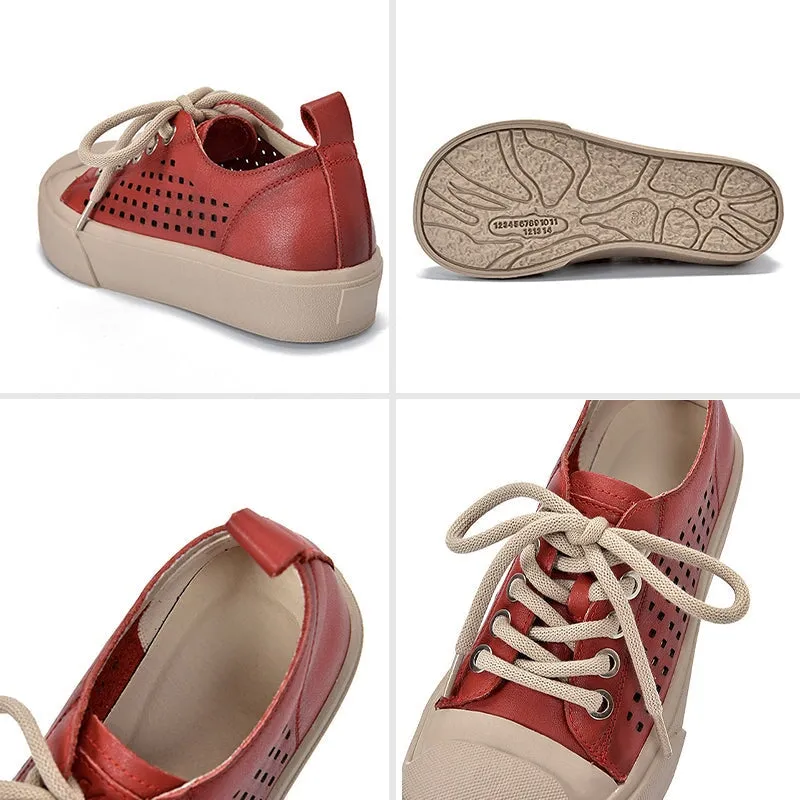 Leather Flatform Sneakers for Women Low-top Travel Perforated in Orange/Red/Purple