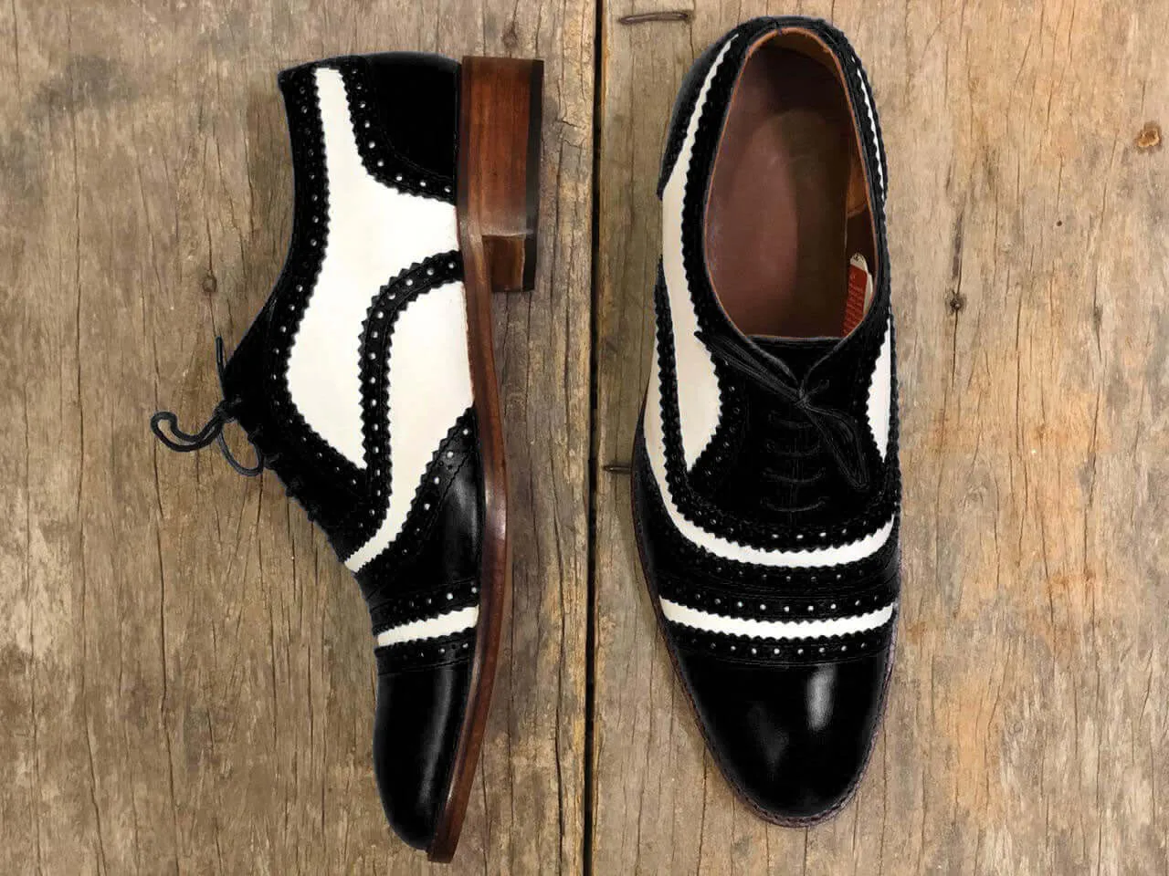 Men's Handmade White Black Cap Toe Leather Lace Up Shoes, Men Formal Dress Shoes