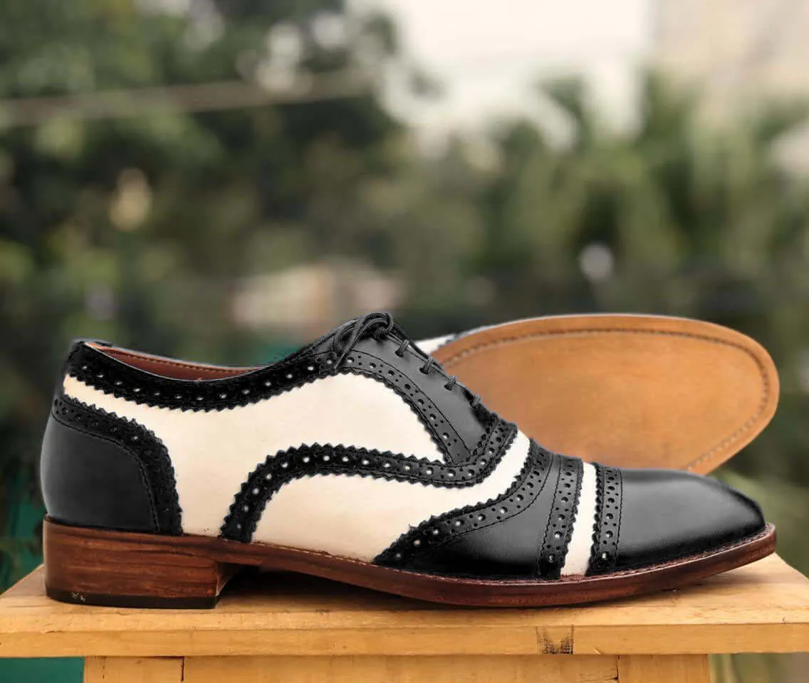 Men's Handmade White Black Cap Toe Leather Lace Up Shoes, Men Formal Dress Shoes