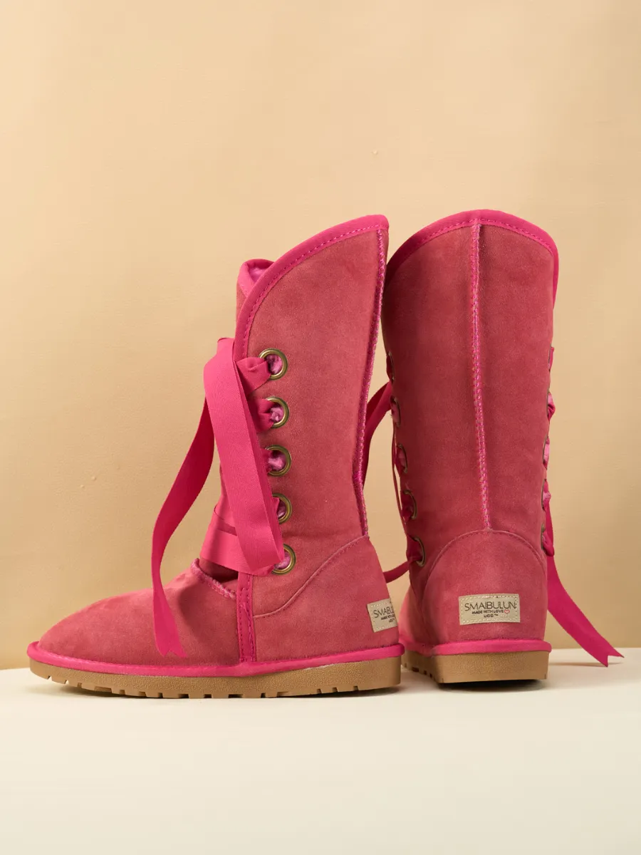 SMAIBULUN Ugg | Ribbon Lace-Up Faux Fur-lined Suede Boot - Fuchsia