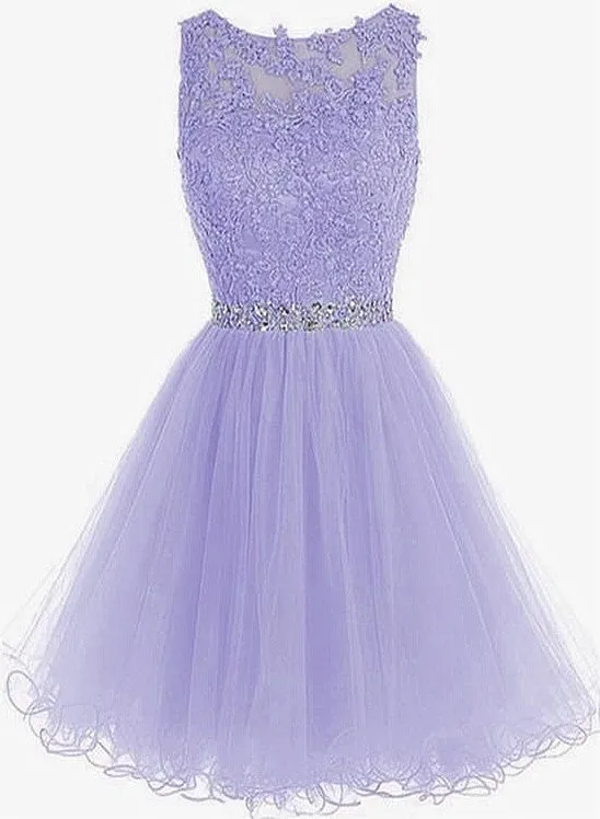 Solvbao Cute Round Neck Lace Short Purple Prom Dresses, Purple Homecoming Dresses