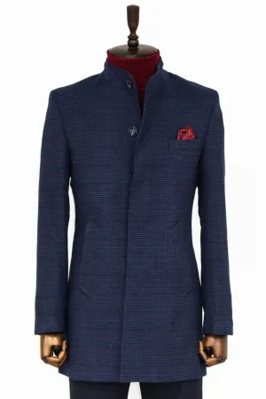 Standing Collar Checked Navy Blue Men Coat - Wessi