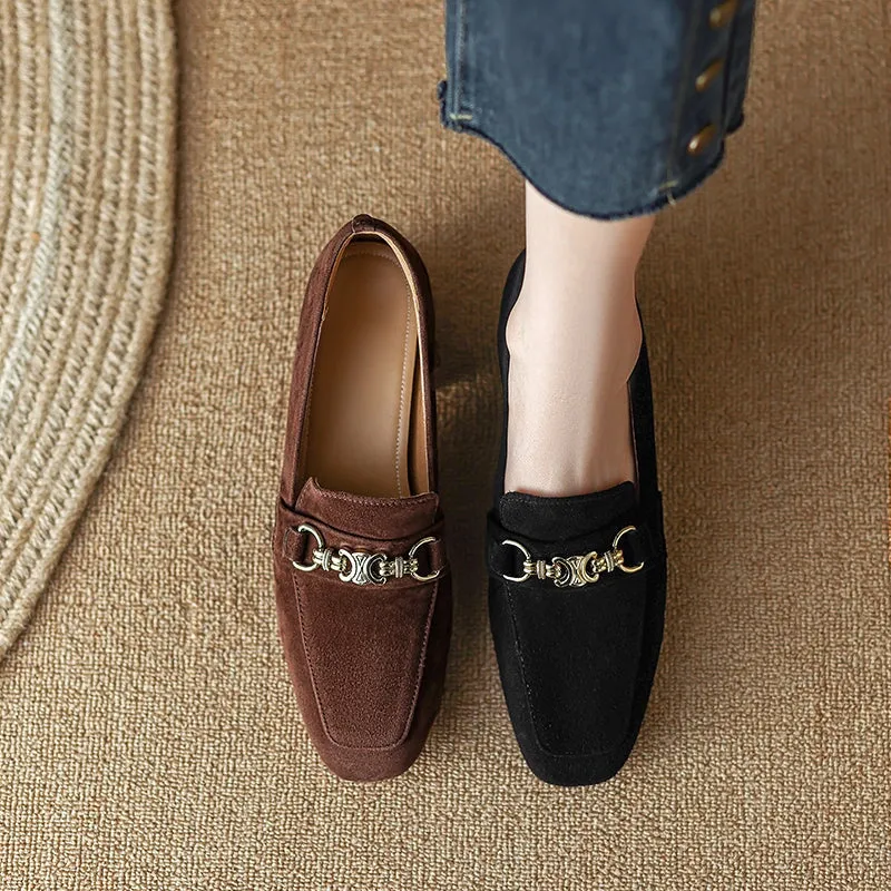 Vintage Sheepskin Suede Leather Block Heel Loafers with Horsebit Detail in Brown/Black