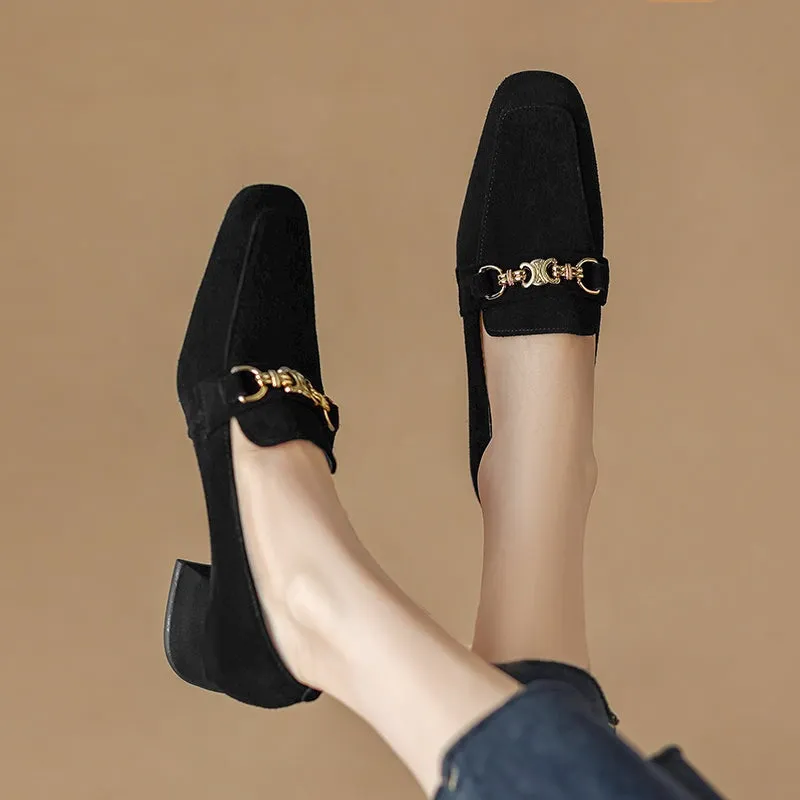 Vintage Sheepskin Suede Leather Block Heel Loafers with Horsebit Detail in Brown/Black
