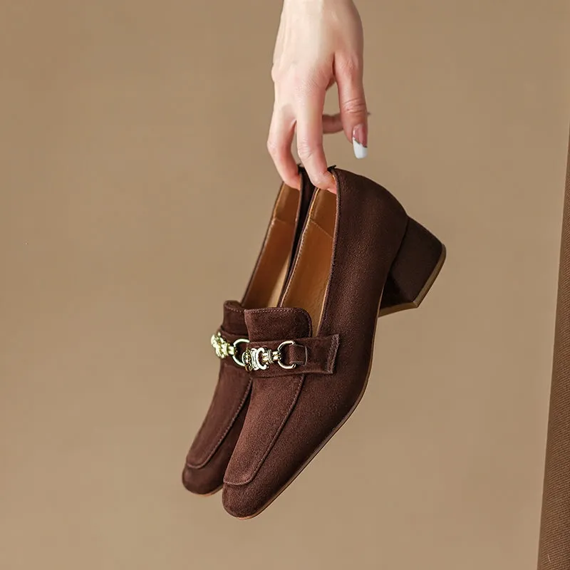 Vintage Sheepskin Suede Leather Block Heel Loafers with Horsebit Detail in Brown/Black