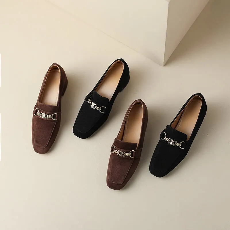 Vintage Sheepskin Suede Leather Block Heel Loafers with Horsebit Detail in Brown/Black