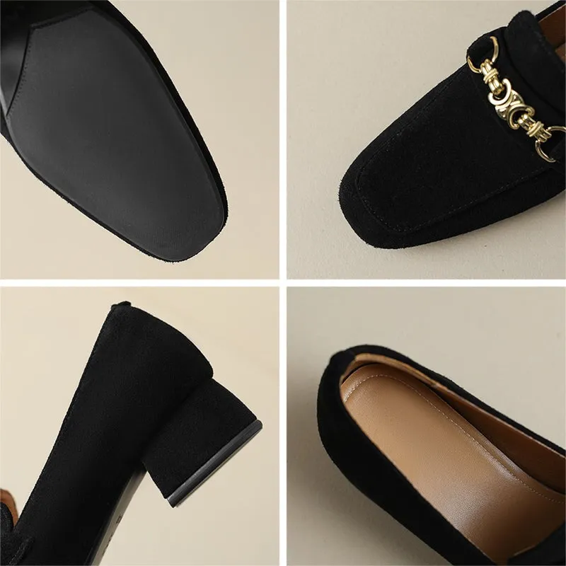 Vintage Sheepskin Suede Leather Block Heel Loafers with Horsebit Detail in Brown/Black
