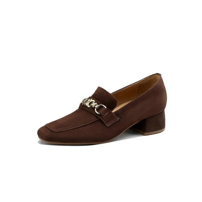 Vintage Sheepskin Suede Leather Block Heel Loafers with Horsebit Detail in Brown/Black