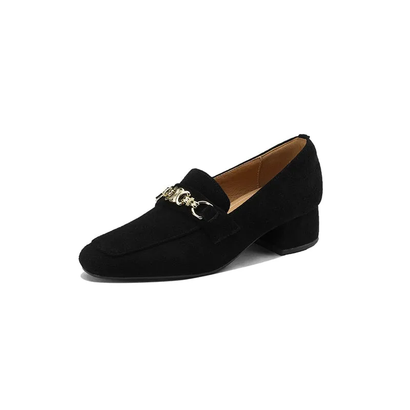 Vintage Sheepskin Suede Leather Block Heel Loafers with Horsebit Detail in Brown/Black