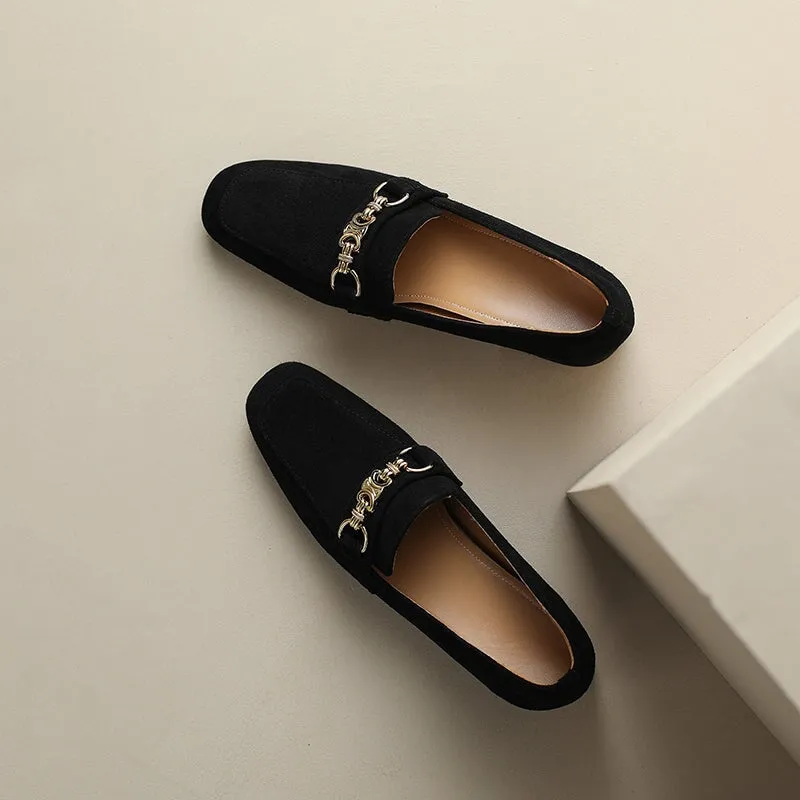Vintage Sheepskin Suede Leather Block Heel Loafers with Horsebit Detail in Brown/Black
