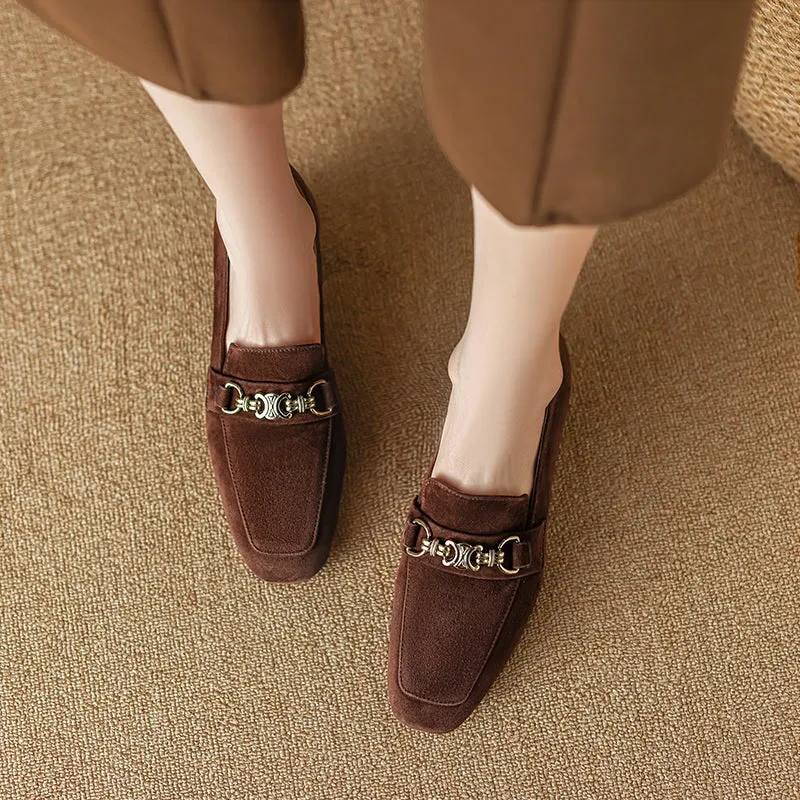 Vintage Sheepskin Suede Leather Block Heel Loafers with Horsebit Detail in Brown/Black