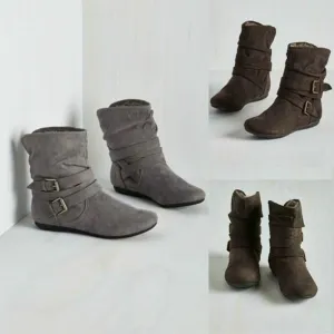 Warm lined mid calf slouch boots with buckle straps