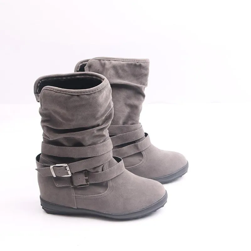 Warm lined mid calf slouch boots with buckle straps