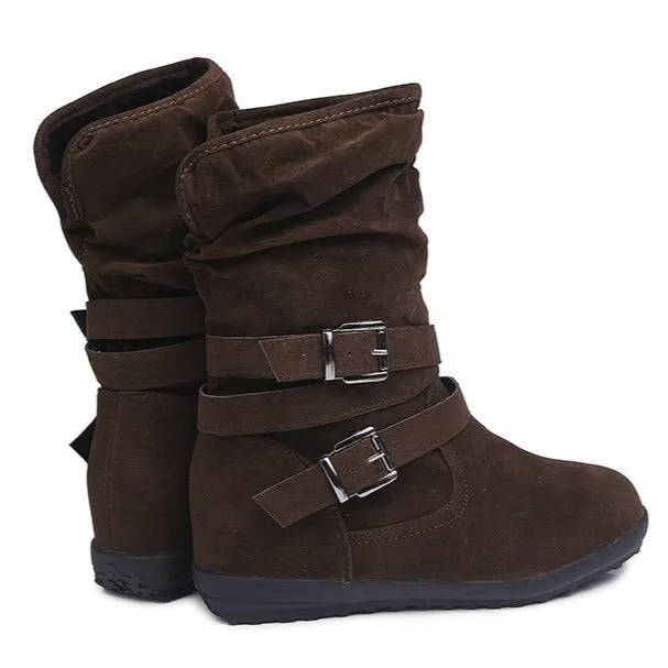 Warm lined mid calf slouch boots with buckle straps