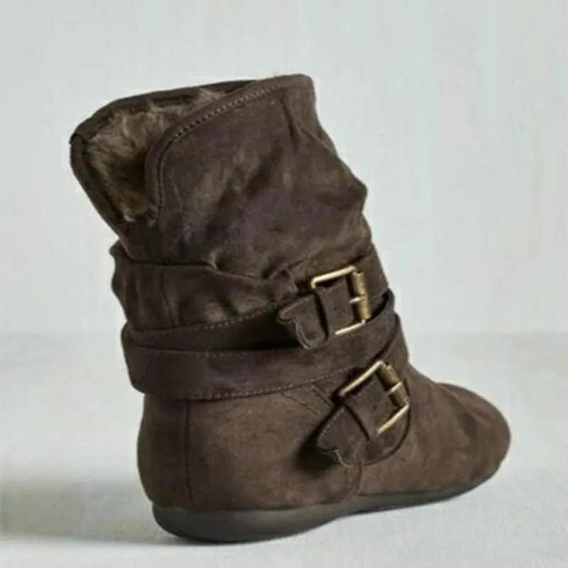 Warm lined mid calf slouch boots with buckle straps