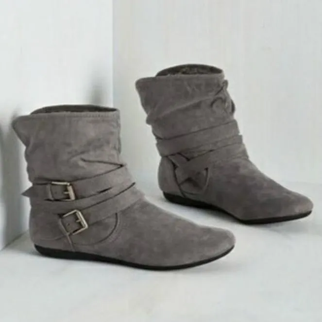 Warm lined mid calf slouch boots with buckle straps