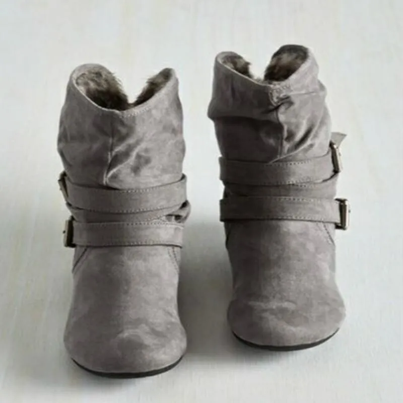 Warm lined mid calf slouch boots with buckle straps