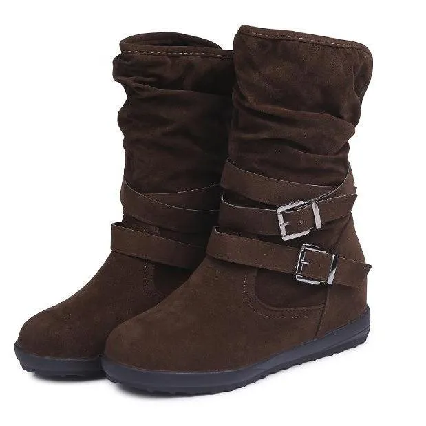Warm lined mid calf slouch boots with buckle straps