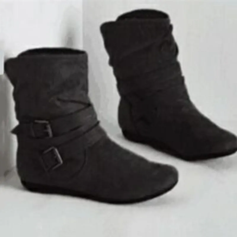 Warm lined mid calf slouch boots with buckle straps