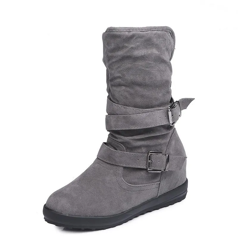 Warm lined mid calf slouch boots with buckle straps