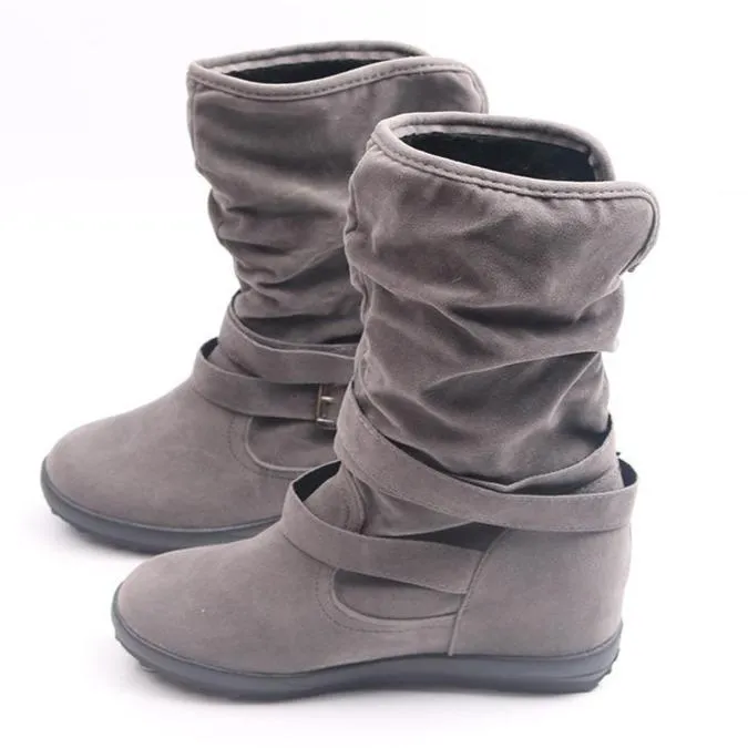 Warm lined mid calf slouch boots with buckle straps
